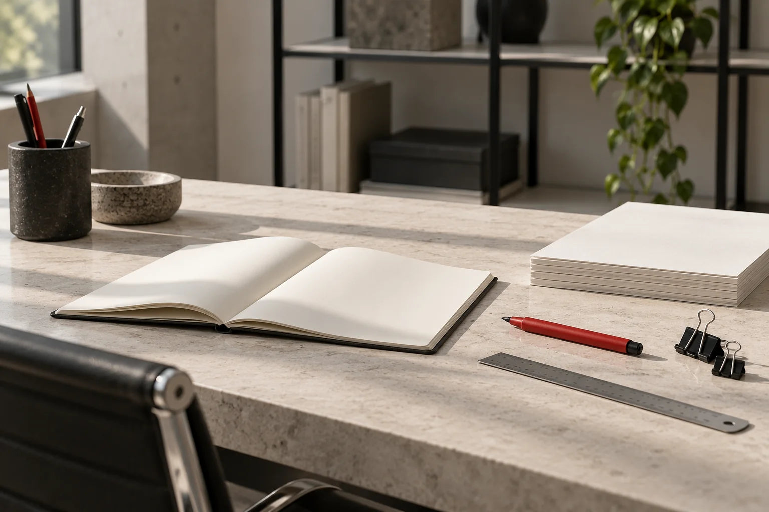 Open notebook and organized working materials on a sunlit desk