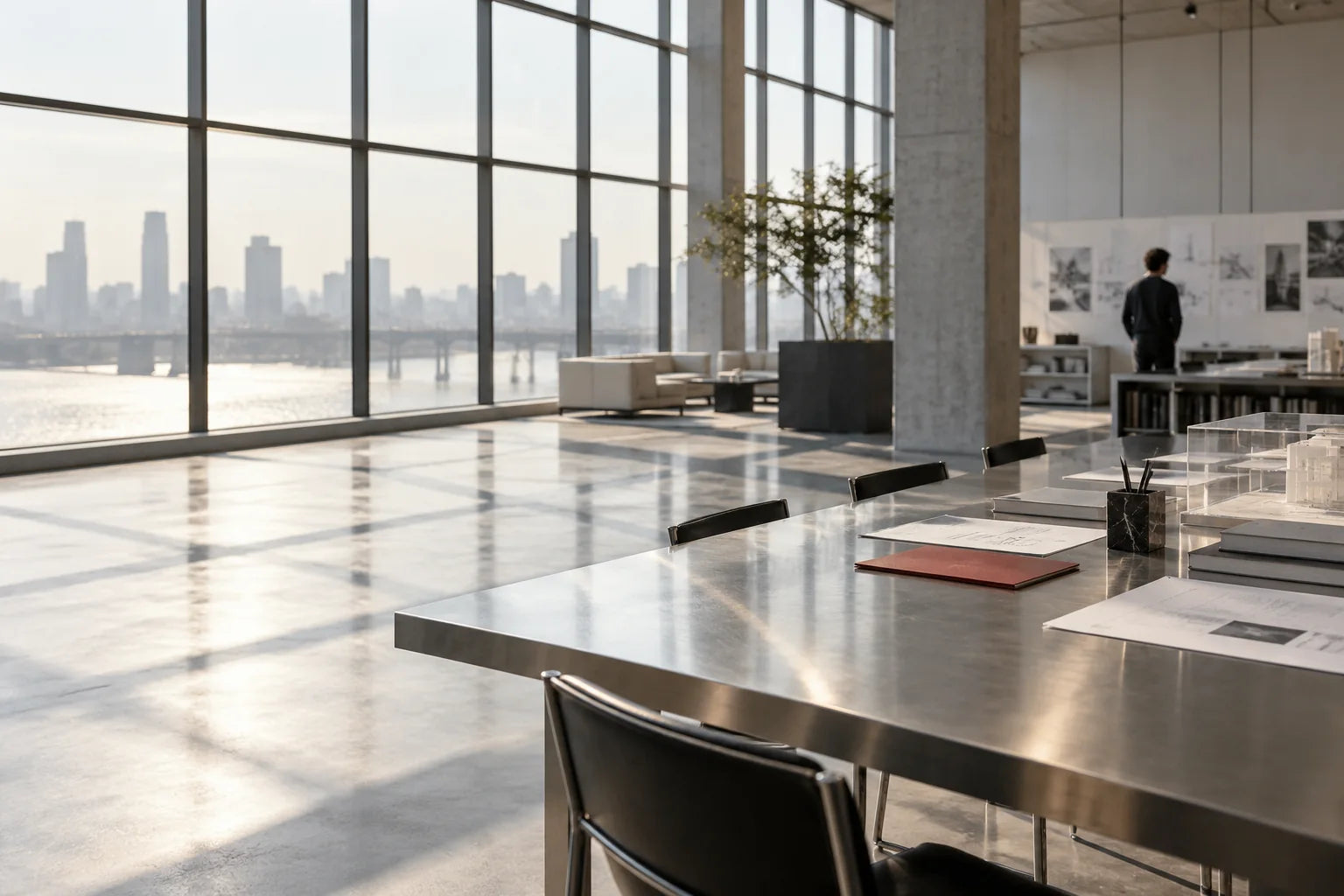 Sunlit contemporary work studio with carefully arranged project materials