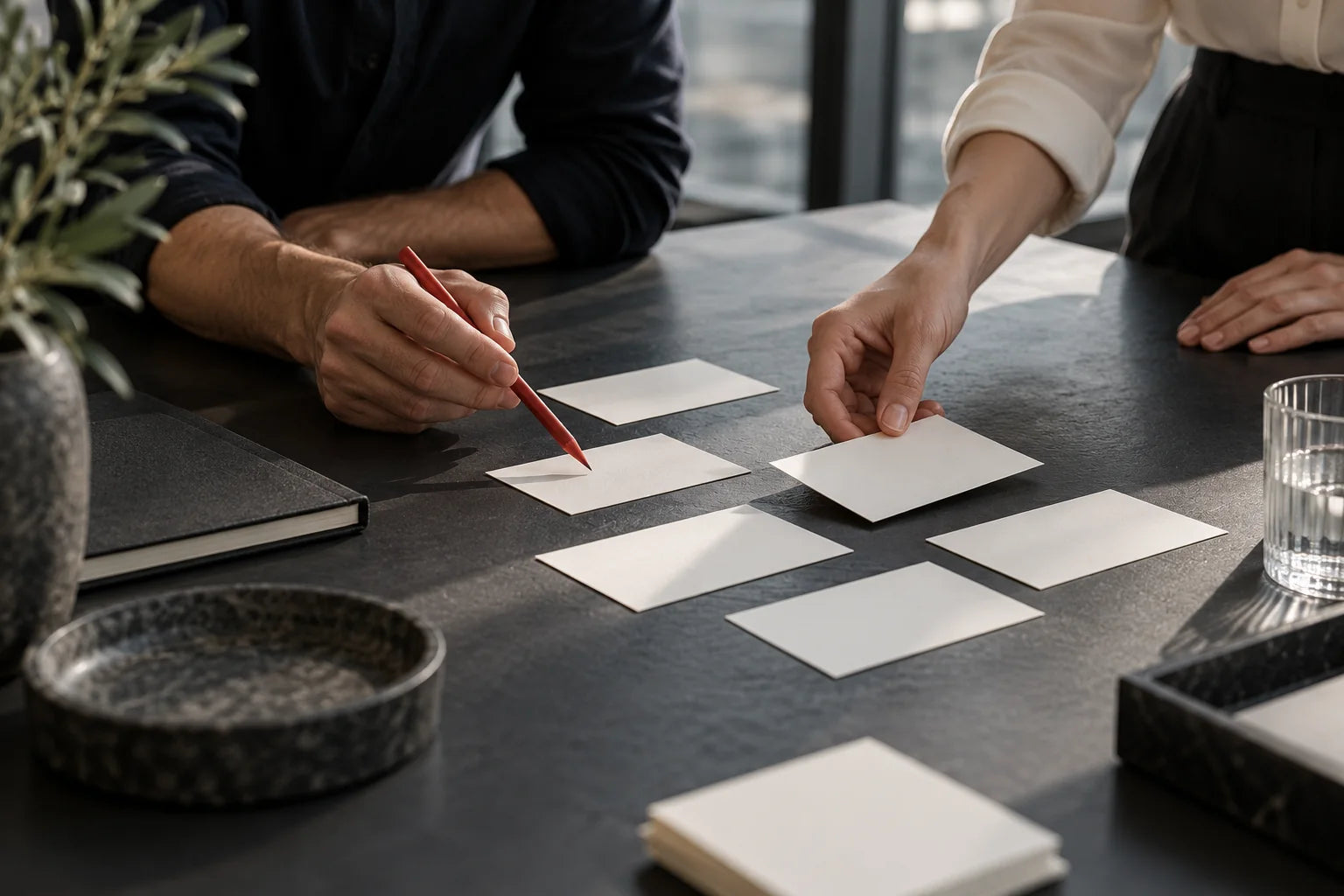 Professionals arranging blank workflow cards during a working session
